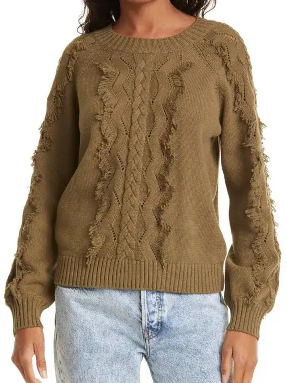 ***Frayed Cable-Knit Crewneck Sweater in Olive